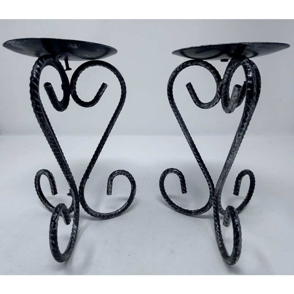 Black Metal Grooved Detail Candleholders 6 1/2" Tall x 3 1/2" Wide